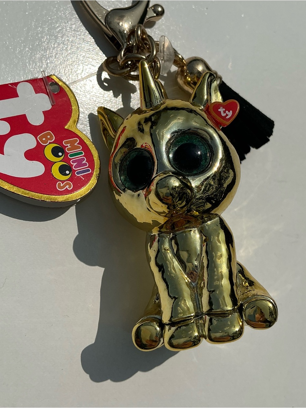 Ty Gold Metallic Cat Keychain with Green Eyes and Red Heart Tag